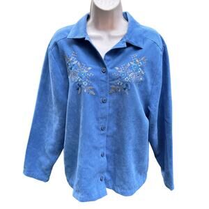 Bonworth | Medium Embroidered Blue Button Up Artsy Floral Art Funky Boho Soft
